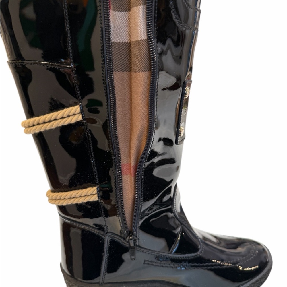 Burberry Black Patent Leather Mid-Calf Boots Platform Wedge Zip Women US 6.5 - Picture 4 of 12
